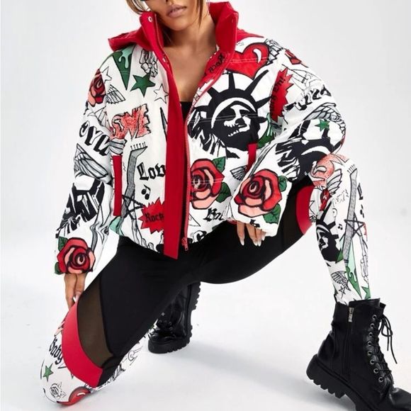 NWT Stylish Graphic Winter Puffer Jacket - Picture 12 of 16